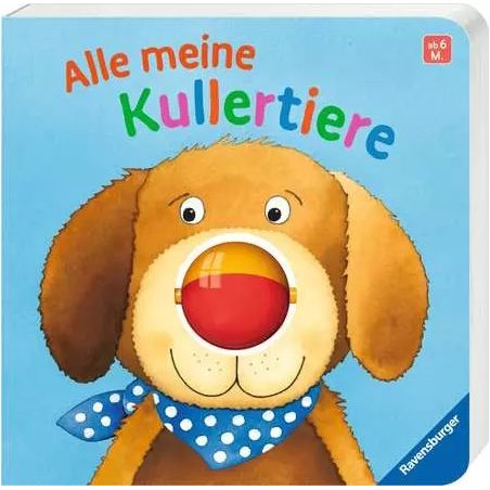 Kinderbuchcover mit gezeichnetem Hund und dem Titel "Alle meine Kullertiere" auf blauem Hintergrund.