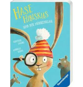 Illustrierter Hase mit rotem Hut und Lupe, zwei Mäusen und Buch "Hase Hibiskus".