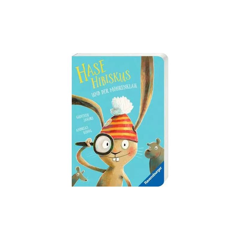 Illustrierter Hase mit rotem Hut und Lupe, zwei Mäusen und Buch "Hase Hibiskus".