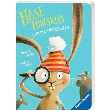 Illustrierter Hase mit rotem Hut und Lupe, zwei Mäusen und Buch "Hase Hibiskus".