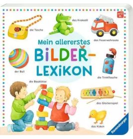 Titelbild eines deutschen Kinderbildwörterbuchs mit Spielzeug, spielenden Kindern und bunten Objekten.