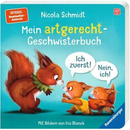 Cover von Mein artgerechtes-Geschwisterbuch mit einem Eichhörnchen und zwei streitenden Babys.