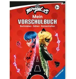 Rotes Miraculous Ladybug Vorschulbuch mit Ladybug, Cat Noir, Eiffelturm sowie Zahlen und Buchstaben auf dem Cover.
