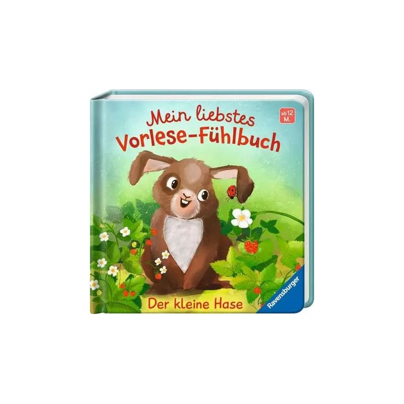 Kinderbuchcover mit lächelndem Hasen, Blumen, Marienkäfer und dem Titel: Mein liebstes Vorlese-Fühlbuch.