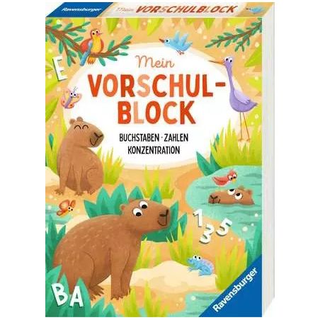 Buntes deutsches Vorschulbuch mit Tieren, Bäumen und dem Titel Mein Vorschulblock in fetter Schrift.