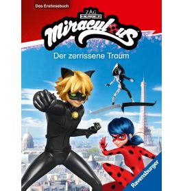 Cover von Miraculous: Der zerrissene Traum mit Cat Noir, Ladybug und einem Schurken über Paris.