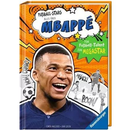 Buchcover mit illustriertem Hintergrund, Foto eines lächelnden Fußballers und dem Titel Mbappé.