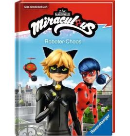 Cover von Miraculous: Roboter-Chaos mit Cat Noir, Ladybug und einem roten Roboter über der Stadt.