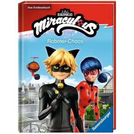 Cover von Miraculous: Roboter-Chaos mit Cat Noir, Ladybug und einem roten Roboter über der Stadt.