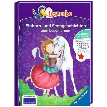 Lila Kinderbuch mit einem Mädchen, das auf dem Cover ein weißes Einhorn umarmt.
