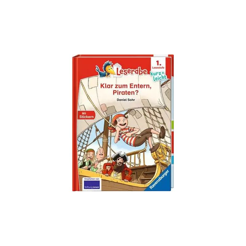 Kinderbuchcover mit fröhlichen Piraten als Cartoon auf einem Schiff, Titel: Klar zum Entern, Piraten?.