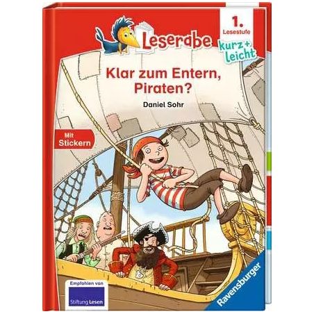 Kinderbuchcover mit fröhlichen Piraten als Cartoon auf einem Schiff, Titel: Klar zum Entern, Piraten?.