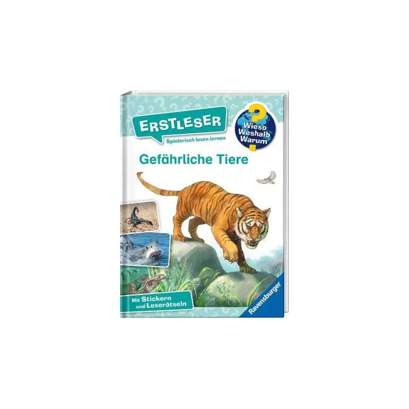 Buchcover von Gefährliche Tiere mit Tiger, Krokodil, Hai und Schlange auf weißem Hintergrund.