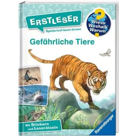 Buchcover von Gefährliche Tiere mit Tiger, Krokodil, Hai und Schlange auf weißem Hintergrund.