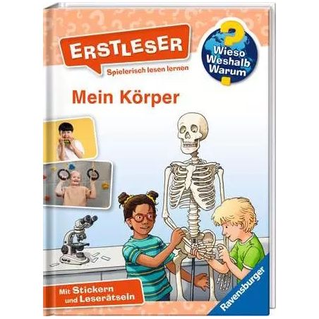 Kinder betrachten ein Skelettmodell auf dem Cover des deutschen Buchs "Mein Körper".