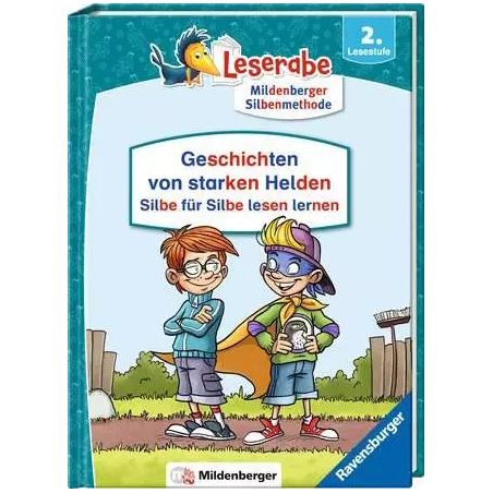 Kinderbuchcover mit zwei stehenden Kindern, Titel: Geschichten von starken Helden (auf Deutsch).