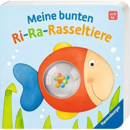 Farbenfrohes Ravensburger Babybuch "Meine bunten Ri-Ra-Rasseltiere" - sensorisches Spielzeug zum Entdecken.