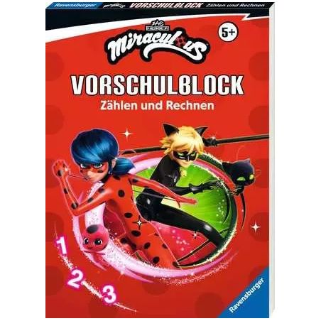 Ravensburger Miraculous Vorschulblock Zählen und Rechnen ab 5 Jahren, Cover mit Ladybug und Cat Noir.