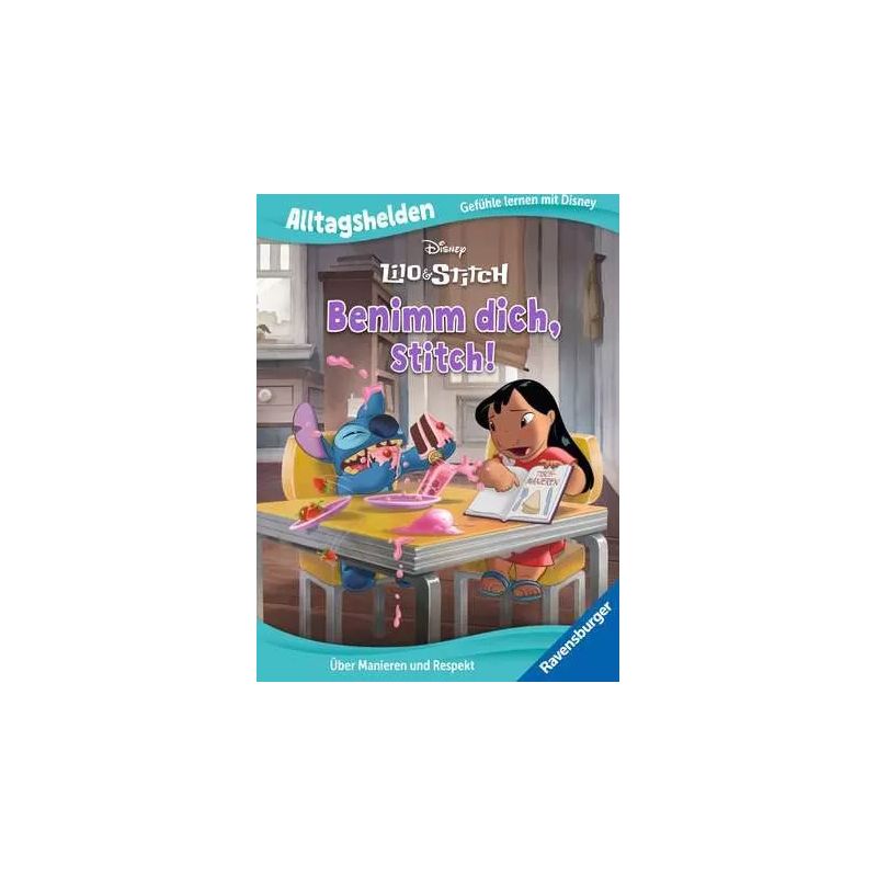 Lilo und Stitch sitzen am Tisch; während Lilo Hausaufgaben macht, sorgt Stitch für Unordnung.