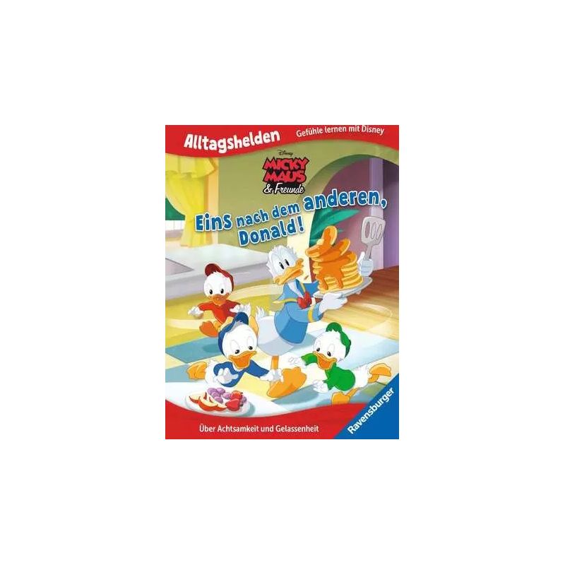 Donald Duck und seine Neffen backen zusammen Pfannkuchen in einer bunten Küche auf einem deutschen Disney-Buchtitel.