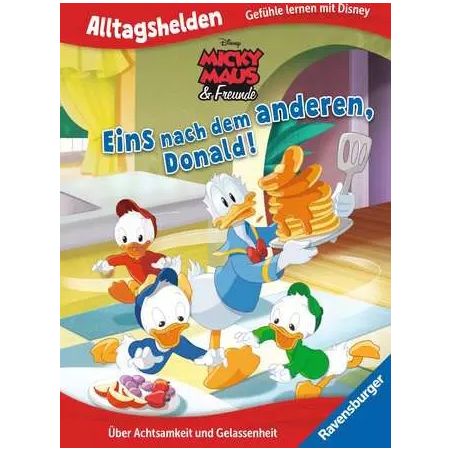 Donald Duck und seine Neffen backen zusammen Pfannkuchen in einer bunten Küche auf einem deutschen Disney-Buchtitel.