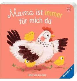 Illustration einer Henne mit drei gelben Küken auf rotem Buchcover mit dem Titel "Mama ist immer für mich da".