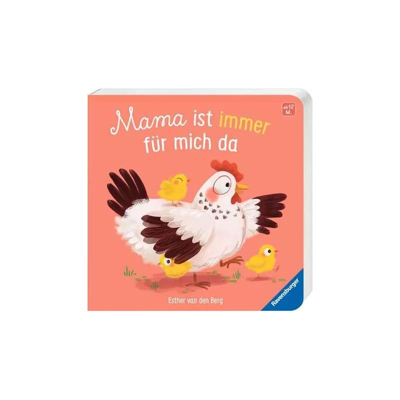 Illustration einer Henne mit drei gelben Küken auf rotem Buchcover mit dem Titel "Mama ist immer für mich da".