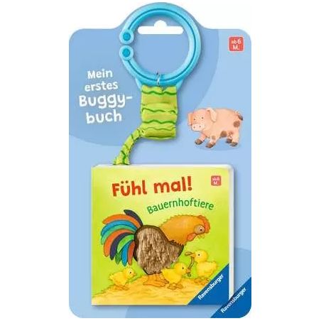 Buggybuch mit Ring, Titel Fühl mal! Bauernhoftiere, abgebildet sind Hahn und Küken.