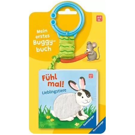 Deutsches Buggybuch für Babys mit weißem Hasen auf dem Cover und blauem Kunststoffring zum Befestigen.