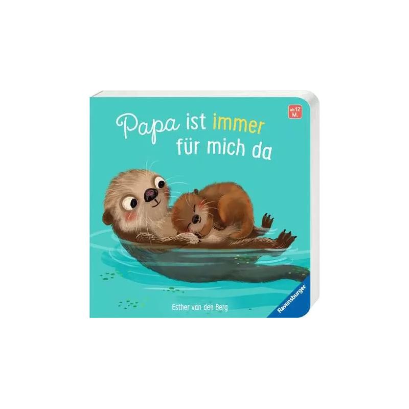 Kinderbuchcover: Zwei Otter kuscheln im Wasser, deutscher Text "Papa ist immer für mich da".