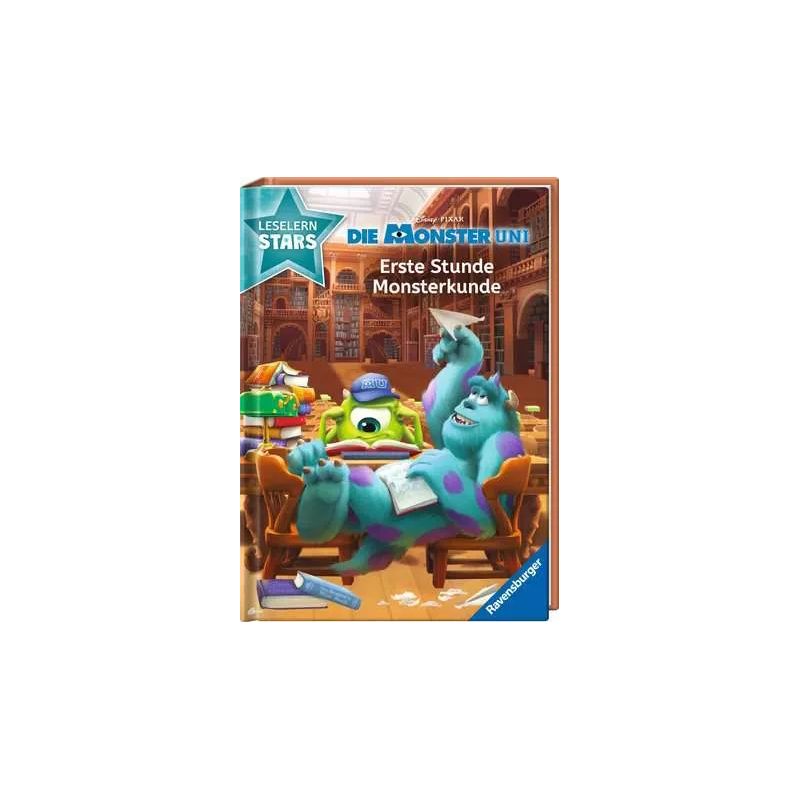 Mike und Sulley lernen in einer bunten Bibliothek auf dem Cover eines deutschen Kinderbuchs.