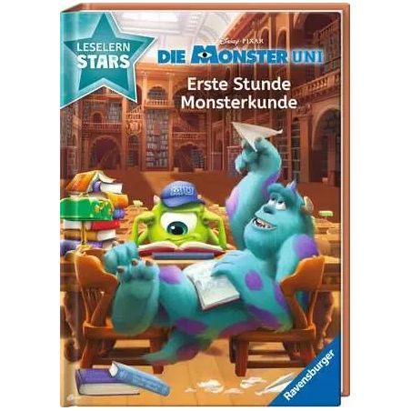 Mike und Sulley lernen in einer bunten Bibliothek auf dem Cover eines deutschen Kinderbuchs.