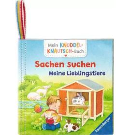 Kinderbuchcover mit Tieren und Kind, Titel: Sachen suchen - Meine Lieblingstiere (Deutsch).