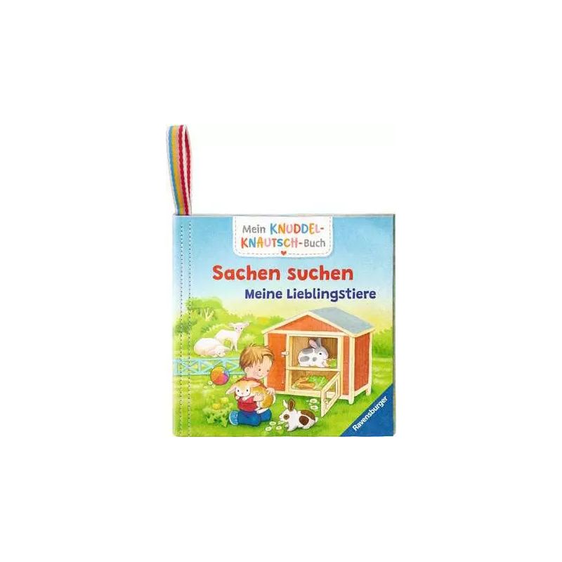 Kinderbuchcover mit Tieren und Kind, Titel: Sachen suchen - Meine Lieblingstiere (Deutsch).