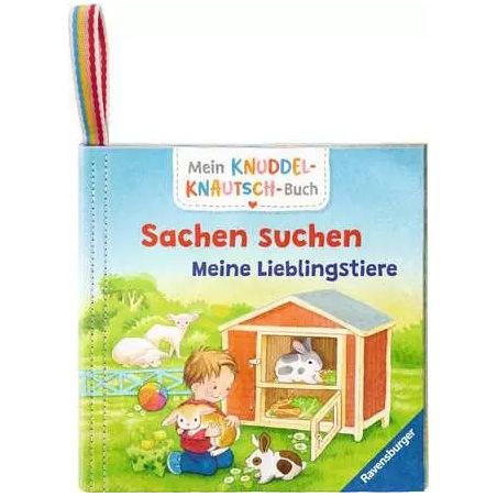 Kinderbuchcover mit Tieren und Kind, Titel: Sachen suchen - Meine Lieblingstiere (Deutsch).