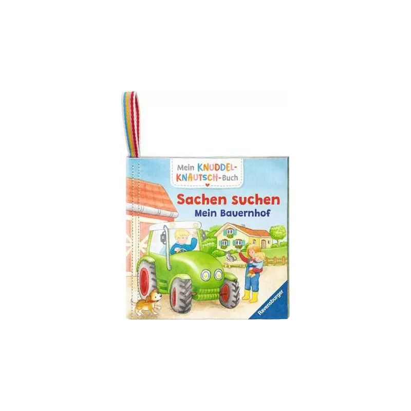 Kinderbuchcover: grüner Traktor, Scheune, zwei Kinder. Titel: Sachen suchen Mein Bauernhof.