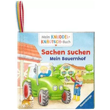 Kinderbuchcover: grüner Traktor, Scheune, zwei Kinder. Titel: Sachen suchen Mein Bauernhof.