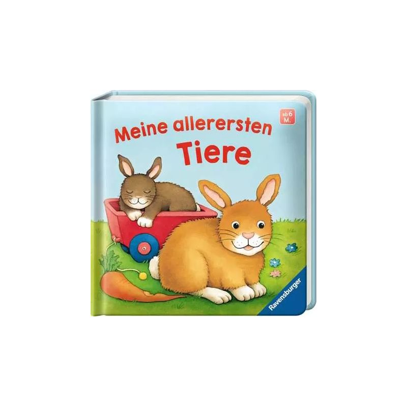 Kinderbuchcover: Zwei Cartoon-Hasen, einer sitzt im roten Wagen. Titel: Meine allerersten Tiere.