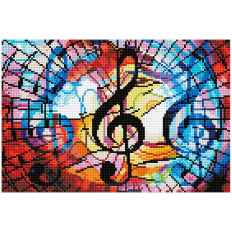 Großer schwarzer Violinschlüssel vor buntem, abstraktem Glasfenster in Rot, Blau und Gelb.