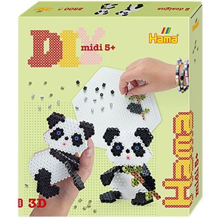 DIY-Panda-Perlen-Set mit zwei fertigen Pandas und einer Hand, die Perlen auf ein Steckbrett setzt.