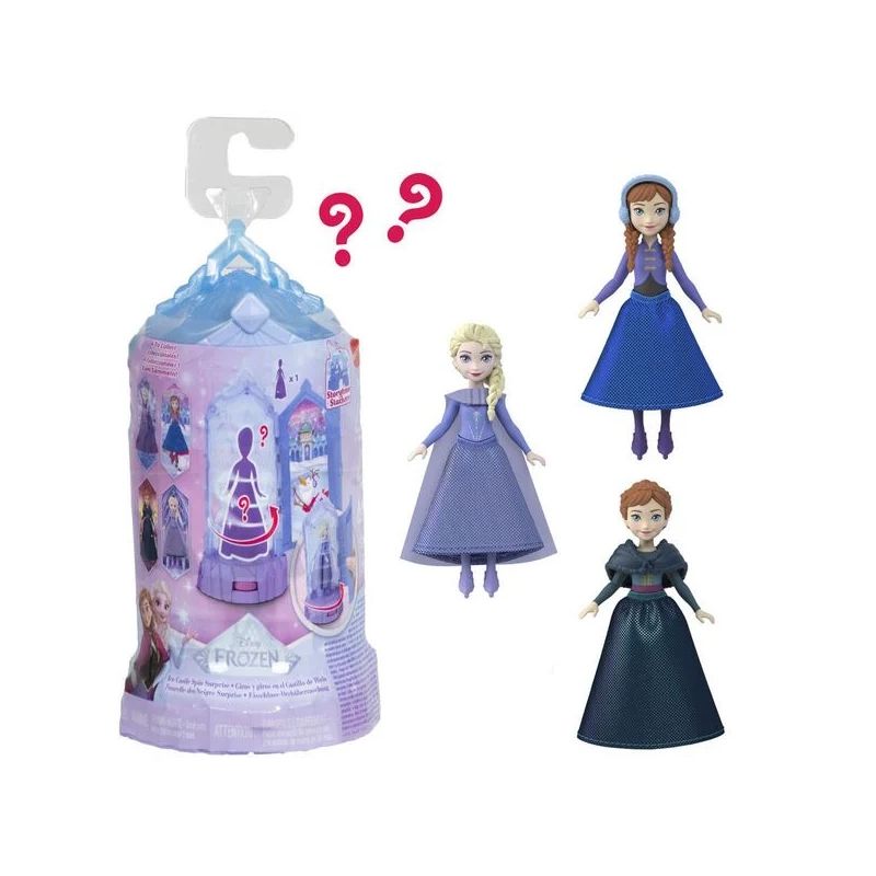 Spielset mit Frozen-Motiv: Drei Prinzessinnenpuppen in blauen und lila Kleidern neben der Verpackung.