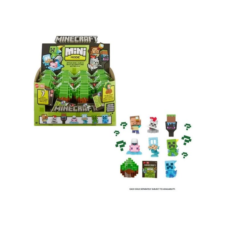 Schachtel mit Minecraft Mini Mobs Spielfiguren und Zubehör in Blockform.