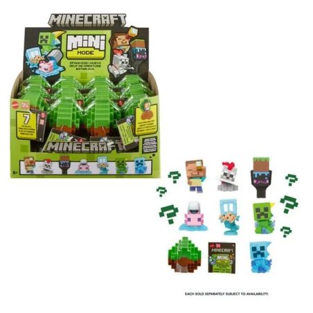 Schachtel mit Minecraft Mini Mobs Spielfiguren und Zubehör in Blockform.