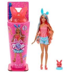 Barbie Pop Reveal Puppe mit pinken Hasenohren, Hasenfigur und bunter Verpackung mit Barbie-Motiven.
