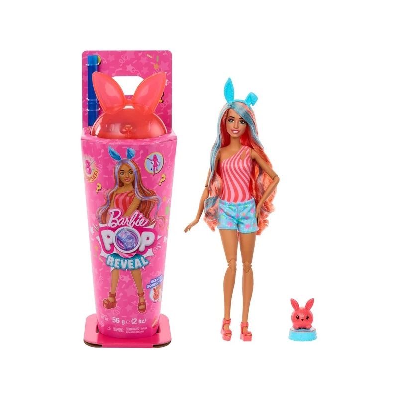 Barbie Pop Reveal Puppe mit pinken Hasenohren, Hasenfigur und bunter Verpackung mit Barbie-Motiven.