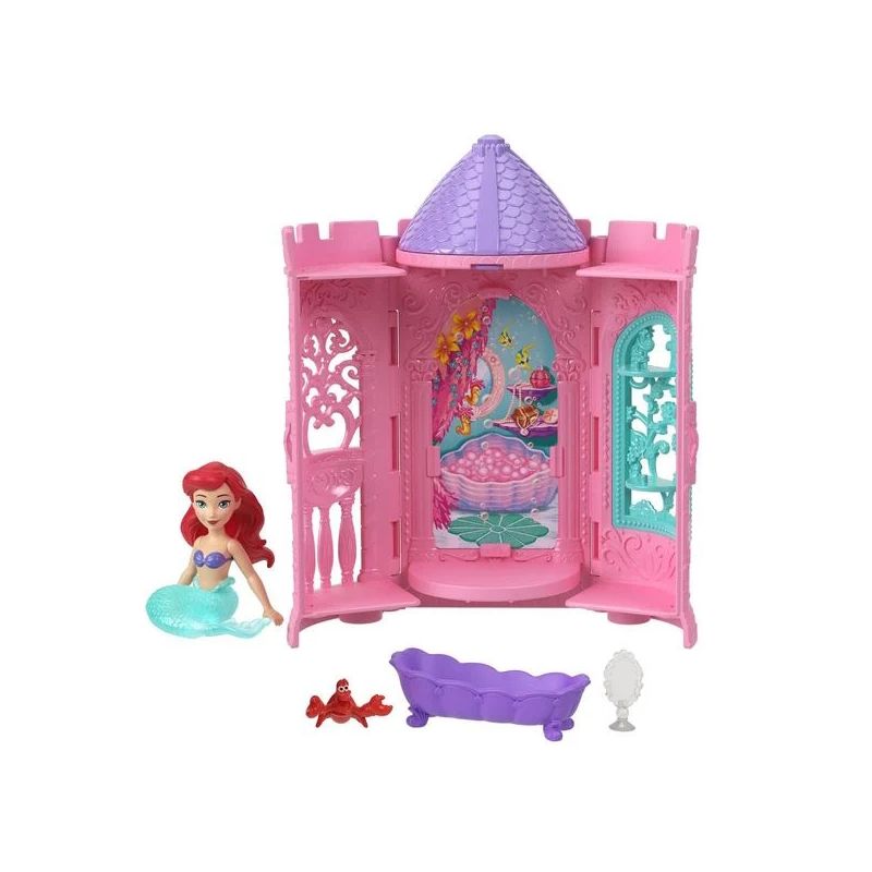 Ariel-Puppe, Schloss-Spielset, Badewanne, Spiegel und Sebastian-Figur aus Arielle vor weißem Hintergrund. Ariel-Puppe, Schloss-Spielset, Badewanne, Spiegel und Sebastian-Figur aus Arielle vor weißem Hintergrund.