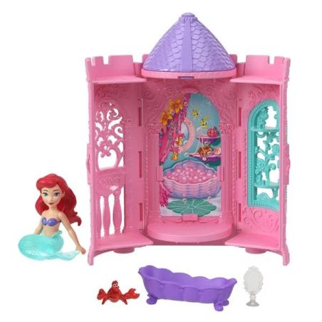 Ariel-Puppe, Schloss-Spielset, Badewanne, Spiegel und Sebastian-Figur aus Arielle vor weißem Hintergrund. Ariel-Puppe, Schloss-Spielset, Badewanne, Spiegel und Sebastian-Figur aus Arielle vor weißem Hintergrund.