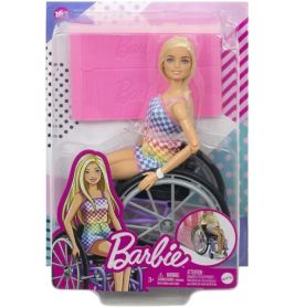 Barbie-Puppe mit langen blonden Haaren im Rollstuhl, bunt gekleidet, in Originalverpackung.