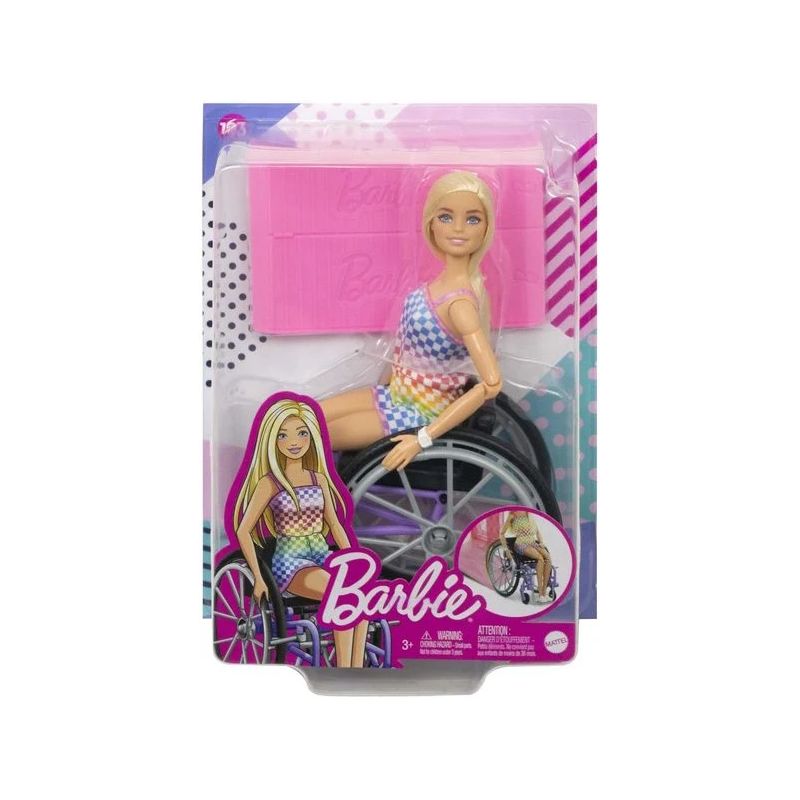 Barbie-Puppe mit langen blonden Haaren im Rollstuhl, bunt gekleidet, in Originalverpackung. Barbie-Puppe mit langen blonden Haaren im Rollstuhl, bunt gekleidet, in Originalverpackung.