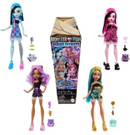 Vier Monster High Puppen mit Zubehör sind um eine sargförmige Buried Secrets Box in der Mitte angeordnet.